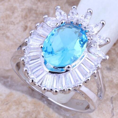 Impressive Blue Cubic Zirconia White CZ Silver Plated Womens Ring Size 6 / 7 / 8 / 9 R1395