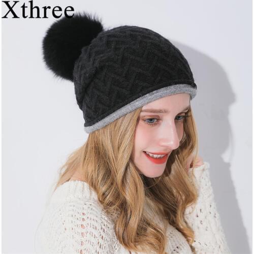 Xthree Women Keep Warm Cashmere Winter Hat For Girl Knitted Hat Beanie Gorro Wool Blend Brand Fox Fur Pom Pom Hat For Women