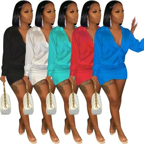 Elegant Satin Dress Women Sexy Deep V Neck Long Sleeve Wrap Mini Women Dress Fashion Streetwear Solid Dress 2021 Robe Femme