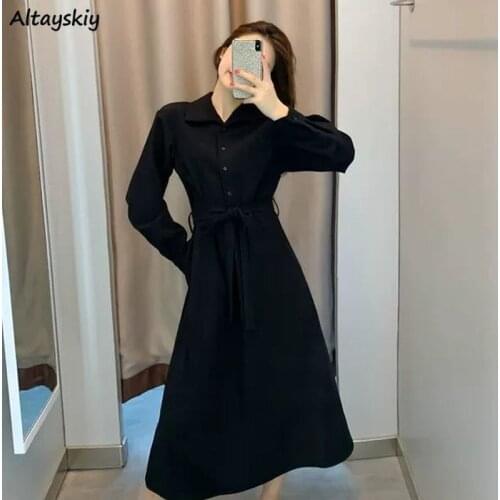 Dress Women Elegant Solid Preppy Style Ulzzang Spring Autumn Long Sleeve Fashion Sashes Casual Turn-down Collar A-line Slim Chic
