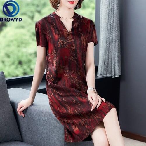 Women Floral Printed Mid-Calf Dress for Women 2021 Fashion V-neck Short-sleeve Loose Dress Elegant A-Line Vintage Party Dresses