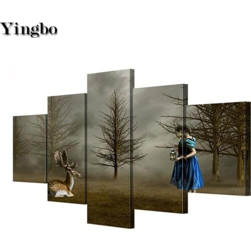 Diamond painting 5 Panel deer and little girl Diamond embroidery Full Square Round crystal painting embroidery bead Cross stitch