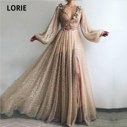 LORIE Bling Arabic Evening Dresses V-Neck Champagne Beaded with Pearls A-Line Sequins Long Sleeve Dubai Prom Gown Party Dress