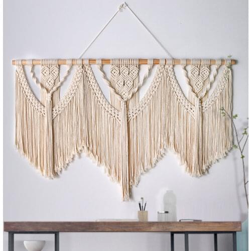 Large Macrame Wall Hanging Tapestry Hand-Woven Bohemia Tassel Curtain with 3 Pcs Wooden Stick Boho Home Decoration