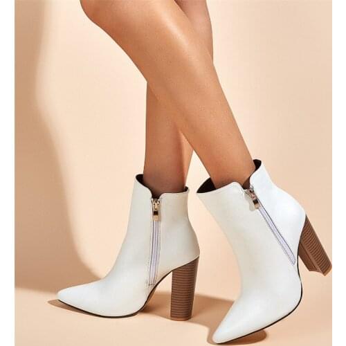 Winter Women Ankle Boots 10.5cm High Block Chunky Heel White Black PU Casual Office Ladies Plush Ring Zipper Short Booties