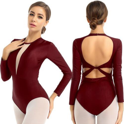Elegant Women Female Adults Round Neck Long Sleeves Open Back with Twist Straps Leotard Gymnastics Bodysuit Ballet Dancewear
