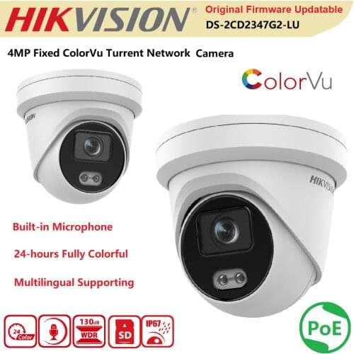Hikvision IP Camera 4MP DS-2CD2347G2-LU POE H.265+ IP67 Fixed Turret Network Full Color Built-in Microphone WDR ColorVu