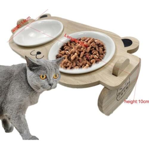 Cat Dog Feeders Bowl Pet Food Water Double Bowls Ceramic Tableware Bamboo Frame Antiskid Pet Supplies Dog Cat Feeding Bowl
