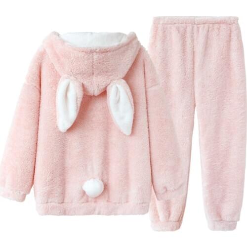 Cute Winter Pajamas Set Women Lolita Bunny Warm Sleepwear Girls Kawaii Rabbit Top+Pants Set Pink Plush Sleep Lounge Nightgown