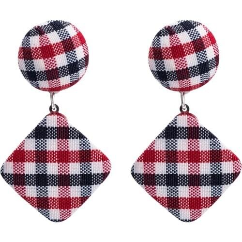 Fashion New Houndstooth Plaid Fabric Round Square Geometric Earrings for Women Girls Cloth Jewelry Accessories Gift