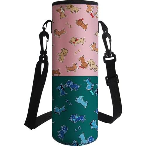 Cartoon Style Portable Water Bottle Sleeve Cute Dog Printed Drink Bottle Carrying Pouch Bag with Handle Sport Water Bottle Cover