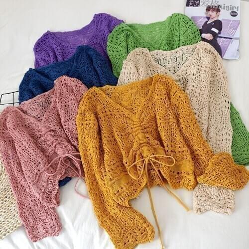 HISUMA Autumn V-Neck Lace Up Bandage Drawstring Women Hollow Knitted Sweater Shirt Lady Short Elastic Slim Pullover Blouse Tops