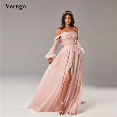 Verngo Modern Light Blush Pink A Line Prom Dresses With Detachable Long Sleeves Silk Chiffon Slit Maxi Evening Gowns 2021