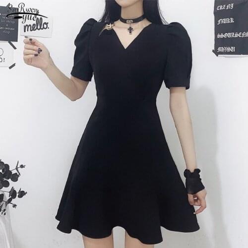 Japanese Style V-neck Black Woman Dress Summer Short Sleeve A-Line Short Dress Women Sweet M-4XL Loose Party Dresses Robe 15693