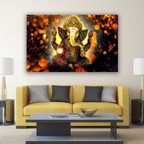 Buddha Poster Vinayaka Ganapati Lord Ganesha Statue Wall Art Canvas Picture for Living Room Home Decor Golden Elephant