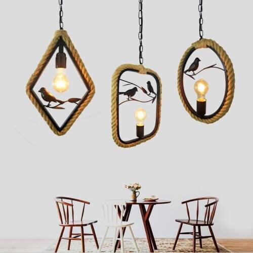 Retro Hemp Rope Bird Geometric Ceiling Light Pendant for American Country Cafe Restaurant Bar Table Lamp Living Room Corridor