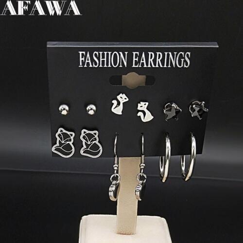 6 Pair Fox 2021 Fashion Stainless Steel Stud Earrings Set for Women Silver Color Earings Jewelry pendientes mujer moda E612853