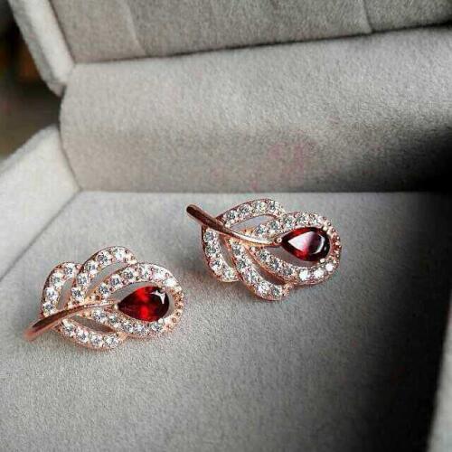 Natural red garnet gem earrings 925 silver Natural gemstone earring women personality feather stud Earrings for engagement