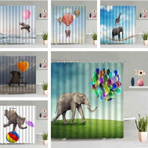 Elephant Balloon Shower Curtain Animal Juggling Sky Cloud Grassland Scenery Bathroom Wall Hanging Curtains Waterproof Home Decor