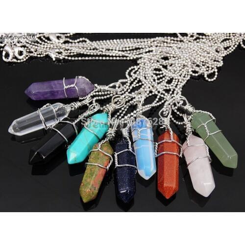 Mixed Natural Gems Stones Hexagonal Pointed Healing Reiki Chakra Wire Wrap Pendant Beads with Silver Chain Necklace17'' Inch