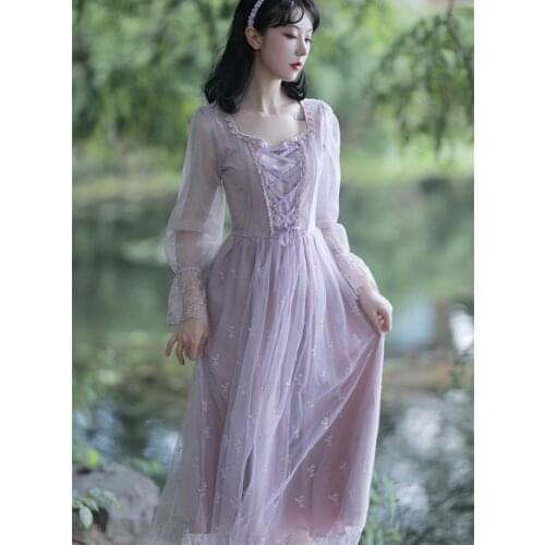Light Purple Mesh Lace Fairy Dress Vintage French Embroidery Flare Sleeve Bandage Romantic Princess Dresses Mori Vestidos Faldas