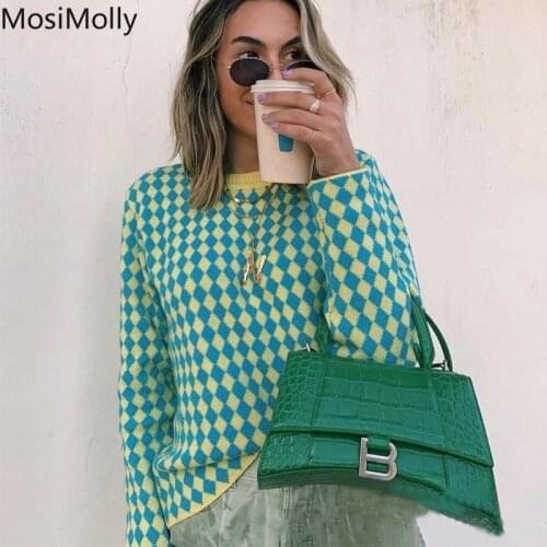 MosiMolly Plaid Sweater Pullovers Jumper Women O Neck Rhombus Plaid Knit Sweater Pullovers 2021 AW