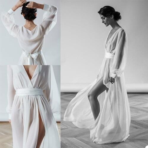 Sexy Elegant Custom Made Tull Robe Long Sleeve Gown With Belt For Photoshoot Deep V Neck Prom Dancer Party Nightgowns