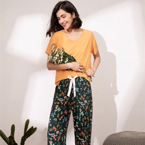 Women Sleepwear Summer Pajamas Set Female Casual Floral Printed Contrasting Color Pyjamas Tops with Long Trousers Home Clothing