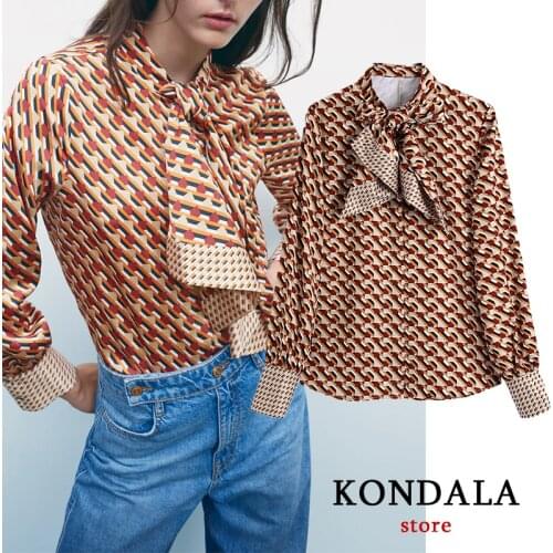 KONDALA Za 2021 Office Lady Geometric Bow Satin Women Shirts Long Sleeve Ruffles Casual Blouses Elegant Mujer Tops