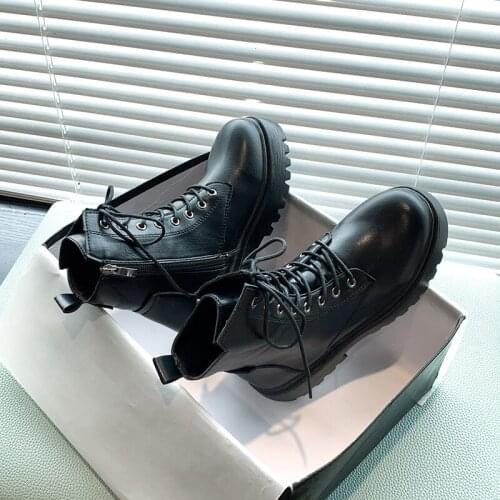 Women Ankle Boot Woman Minimalist Lace-up Front Combat Boot Women Boot 2021 Brand Casual Boots Square Heel Lace-Up Platform shoe