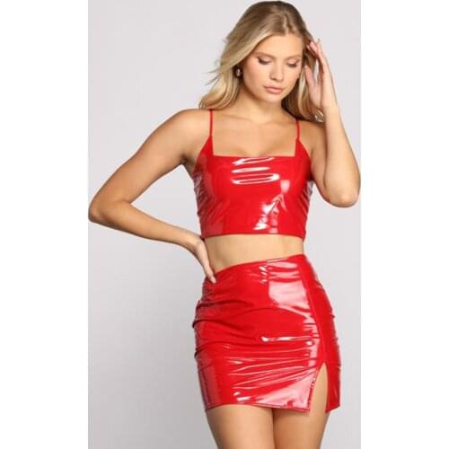 Women PU Leather Cami Skirt Sets Outfits Summer Sexy Crop Top Short Mini Skirt 2 Piece Sets PU Faux Patent Leather Suits Custom