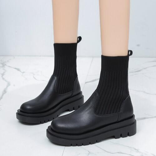 Women Slip-On Boots Luxury Black Leather Boots Autumn Winter Fashion Platform Martens Boots Casual Zapatos Mujer Shoes