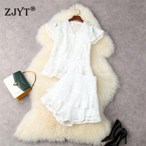 Summer Runway Two Piece Outfits Fashion Designers Hollow Out Embroidery Loose Top with Shorts Set for Women Casual Party Twinset