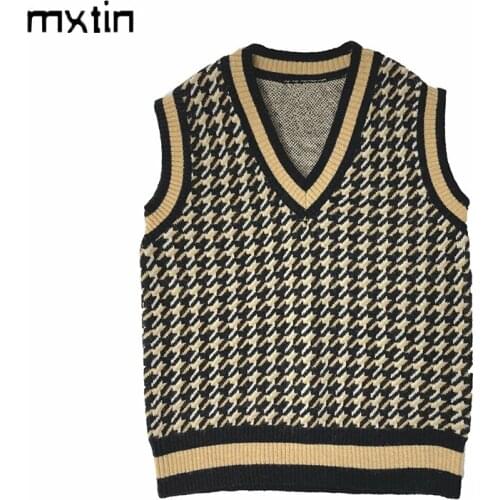 MXTIN 2021 Spring Womens Retro Houndstooth Vest Knitted Sweater Fashion V Neck Sleeveless Korean Style Female Waistcoat Tops