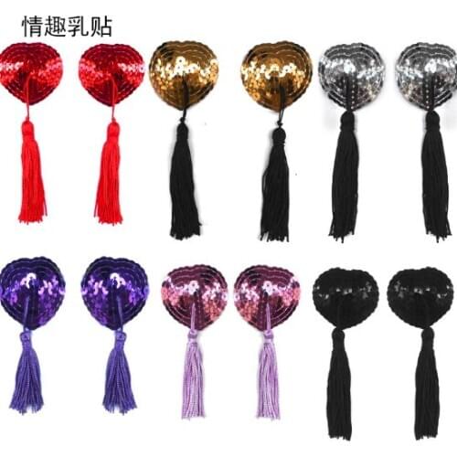 1 Pair Women Sexy Sequin Nipple Covers With Tassels Heart Shape Nipple Stickers Pasties Sex Product Chest Stickers Wholesale