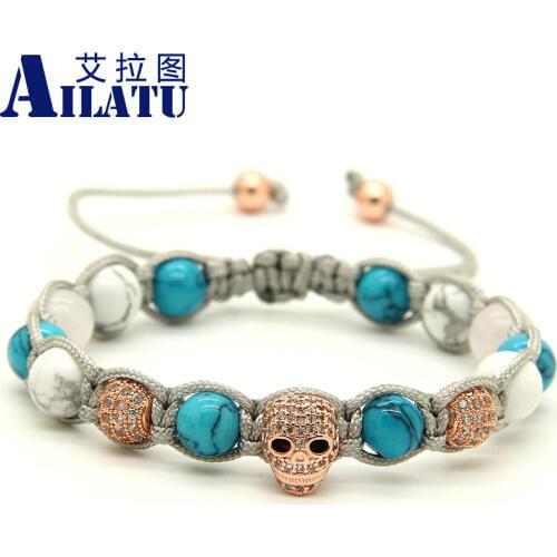 Ailatu 8mm White Howlite Stone Clear CZ Heart Skull Braided European American Mens Bracelet Pulseira Hombres