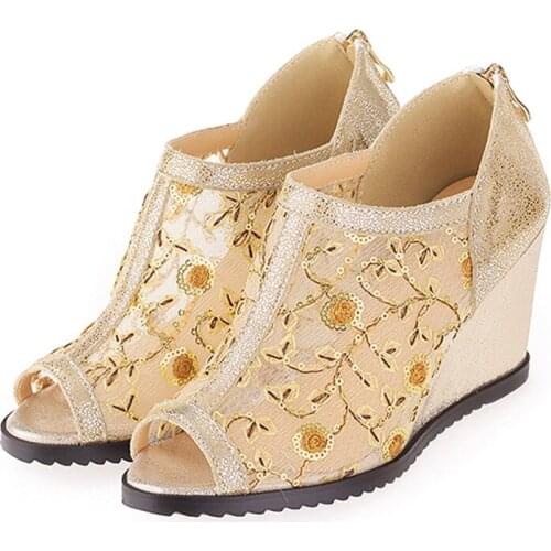 Brand Designer Summer Sandals Women High Heels Peep Toe Wedge Sandals Dress Shoes Women Open Toe Ladies Sandals Gold Plus Size