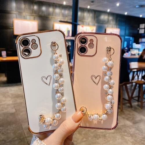 Luxury Pearl Plating Love Chain Wristband Case for IPhone 12 11 Pro Max XR X XS 12Pro Max 7 8 Plus Soft Shockproof Cover Coque