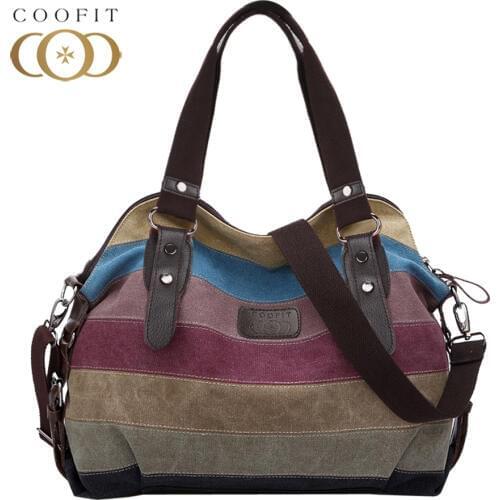 Coofit Multicolor Stripe Leisure Canvas Crossbody Bags Womens High Quality Tote Handbag Casual Popular Shopping Bag For Girls