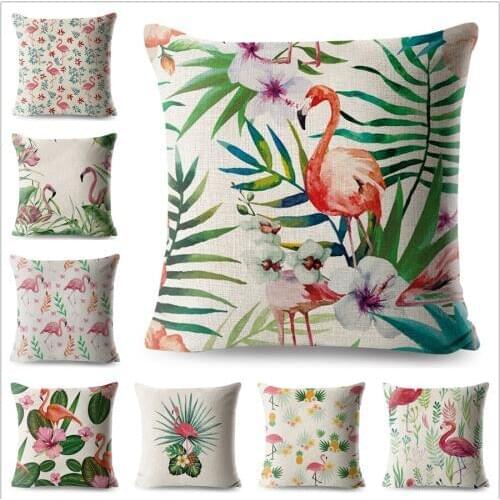 Cartoon Flamingos Pillowcase Tropical Palm Green Leaf Animals Linen 45*45 Cushion Cover for Sofa Decorative Printed Pillow Case