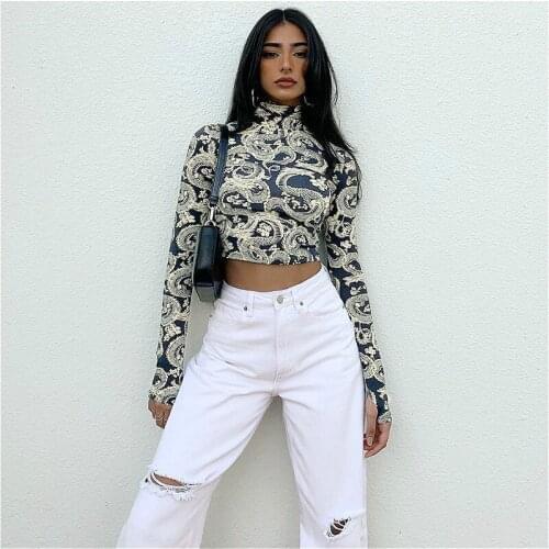 Dragon Printed Crop Tops T-shirt Women 2021 Autumn Long Sleeve Turtleneck Slim Fit Tee Tops Club Sexy T Shirts Female Streetwear