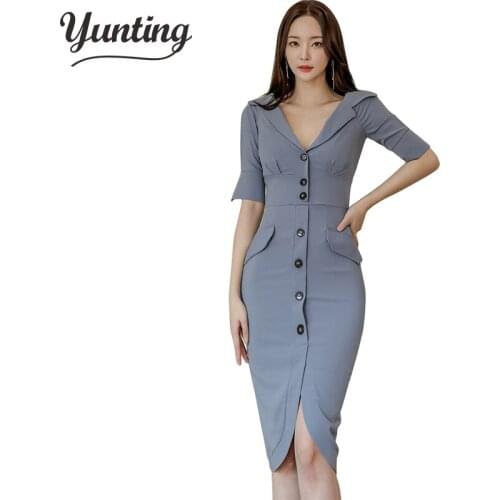 Double-breasted Sheath Pencil Bodycon Dress Women Summer Notched Neck Suits Dresses OL Office Wear Business Vestidos