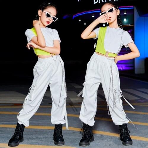 Jazz Dance Costumes For Girls Children White Tops Cargo Pants Suit Street Dance Outfits Ballroom Hip Hop Dancing Clothes DQS7832