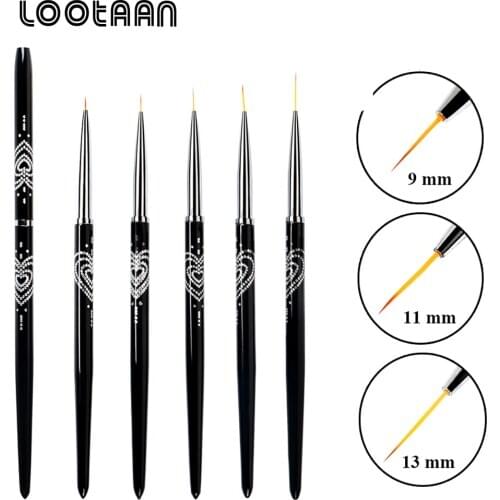 Lootaan Black Crystal Handle 5mm/7mm/9mm/11mm Drawing Brush Liner Brush Painting Pen Gel Polish Crystal Nail Art Manicure Tools