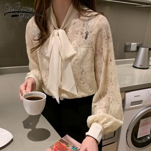 Fashion Solid Woman Shirt Lace Women Blouse 2021 Autumn Korean Tops Lantern Sleeve Bow Casual Blusas Office Lady Clothes 10566