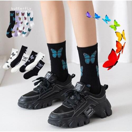 New Socks Women Butterfly pattern Streetwear Harajuku Crew Women Socks Cotton Happy Ankle Socks Funny White Black Sock Mujer Sox