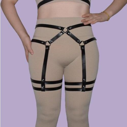 Goth Leather thigh Harness belt Sexy Bdsm Bondage Garter Belt Stockings Erotic Leg Harness Harajuku Punk suspender belt