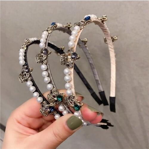 Korea Luxury Rhinestone Crown Hairbands Women Vintage Baroque Queen Pearl Headband Black Grey Beige Hair Accessories Headwear