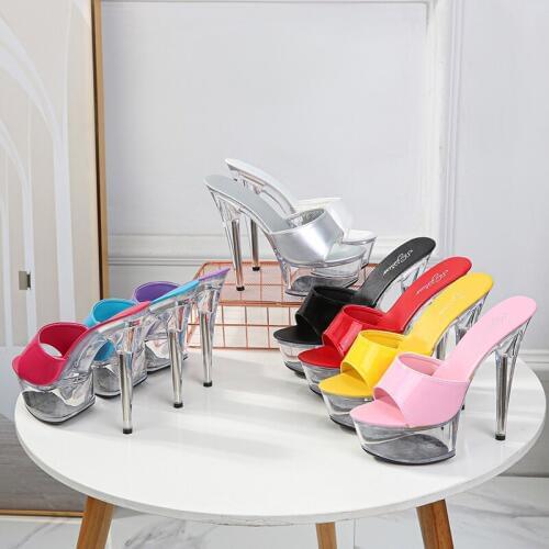 Womens Crystal Slippers Summer Thick-soled High-heeled Patent Leather 15cm Outdoor Sandals Ladies Shoes Transparent High-heeled