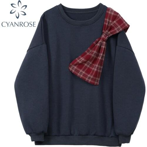 Sweet Bow Patchwork Sweatshirt And Sweatwear Women Crewneck Pullover Oversized Tops Streetwear Preppy Style Solid Ins Sportswear